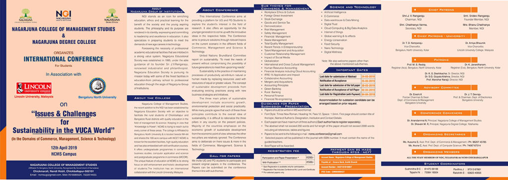 International Conference for Students In Association with Lincoln University,Malaysia & Bengaluru North University on "ISSUES & CHALLENGES FOR SUSTAINABILITY IN THE VUCA WORLD" on April 12th 2019