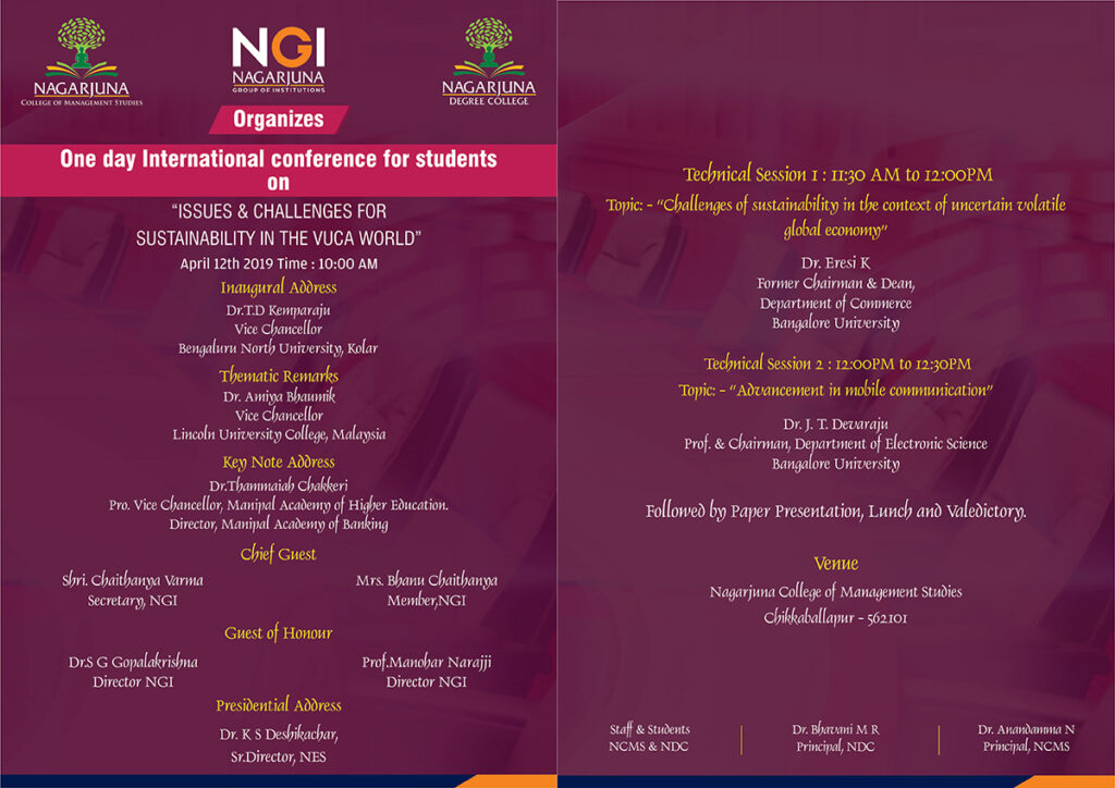 One day International Conference for Students on "ISSUES & CHALLENGES FOR SUSTAINABILITY IN THE VUCA WORLD " on April 12th 2019