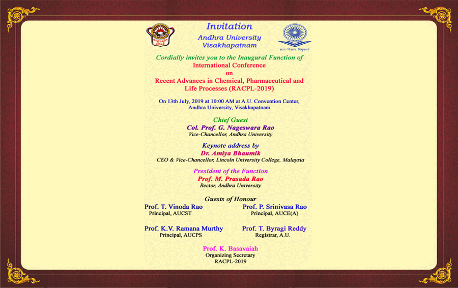 International Conference on Recent Advances in Chemical, Pharmaceutical and Life Processes (RACPL-2019)